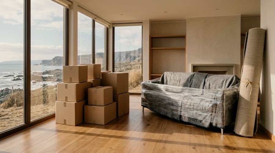 Living de una casa con cajas embaladas y sillón protegido