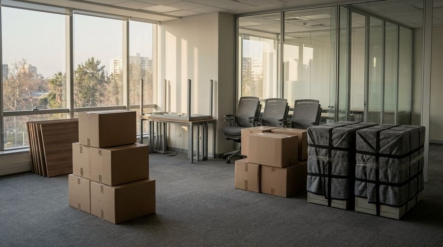 Oficina en proceso de mudanza con cajas y mobiliario protegido